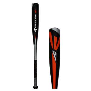 Side view of a black baseball bat with silver accents and orange graphics, showing the Easton S3 logo.