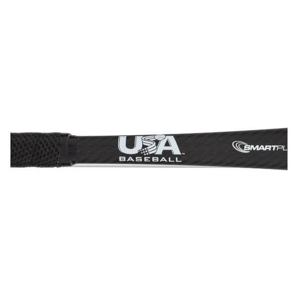 Close-up of a black baseball bat with USA BASEBALL and SMARTPL logos.