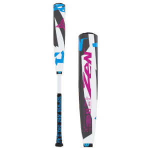 Two views of a white, black, blue, pink DeMarini Zen baseball bat with ZEN in pink on the barrel and a patterned grip.