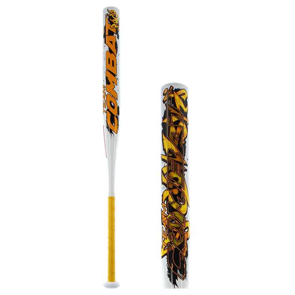Side view of a white softball bat with yellow and orange COMBAT text and a yellow grip.