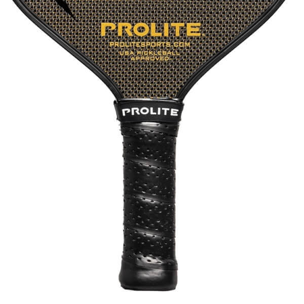 Top-down view of a black pickleball paddle with a textured surface, PROLITE branding, and a perforated grip.