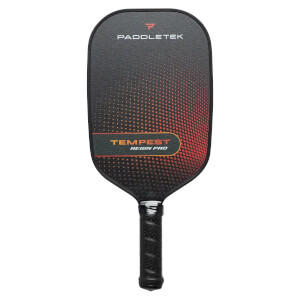 Front view of a black pickleball paddle with Paddletek branding and a red gradient design.