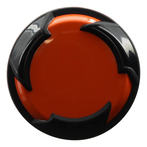 End view of an orange baseball bat with black accents and a circular design.