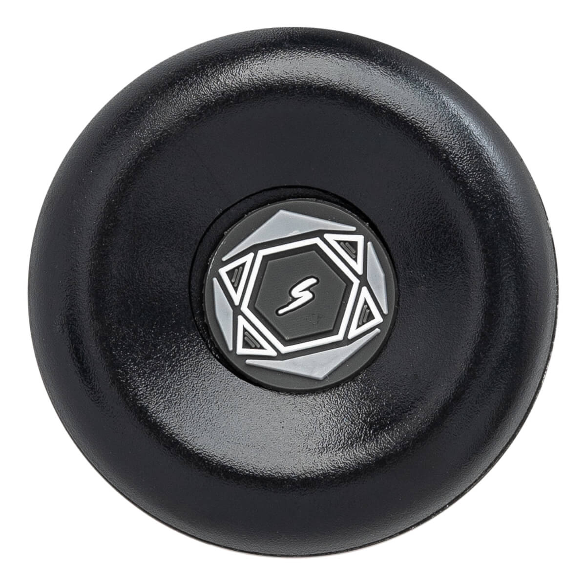 Bottom view of the black baseball bat knob featuring a recessed center with a grey and black hexagonal logo and a stylized "S" at the center.