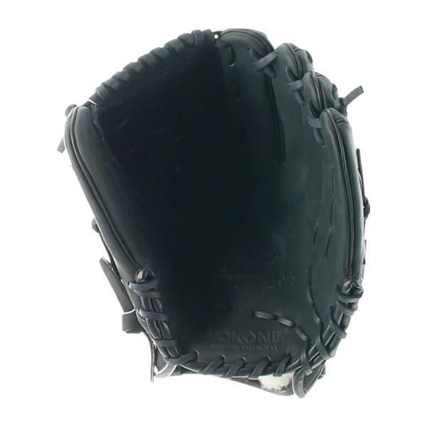 Inside view of a black baseball glove with Nokona branding and stitched lacing.