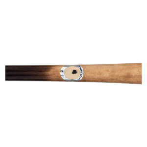 Side view of a two-toned maple baseball bat with a circular Maple Ace label.