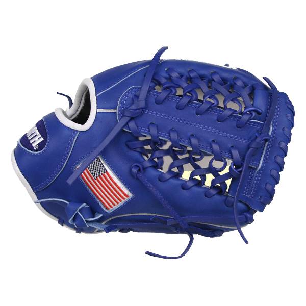 Side view of a royal blue baseball glove with an American flag patch and white trim.