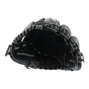 Inside view of a black baseball glove with white lacing and 2000 embossed on the palm.