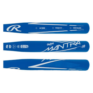 Side view of a blue Rawlings Mantra 2.0 bat with white text and logos.