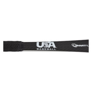 Close-up of a black baseball bat with USA BASEBALL and SMARTPL logos.