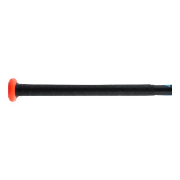 Side view of a black softball bat with an orange knob and blue accents.