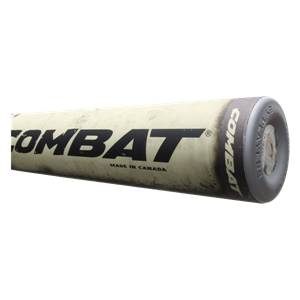 Side view of a cream and black softball bat with COMBAT logo and MADE IN CANADA text.