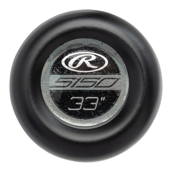 End view of a black baseball bat with Rawlings logo, 5150, and 33 markings.
