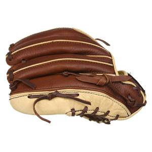 Side view of a brown and tan baseball glove with stitched finger stalls and leather lacing.