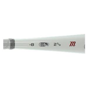 Side view of a white baseball bat with red m logo, -8 and 2 5/8 markings.