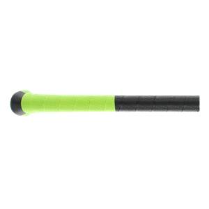 Side view of a black and lime green baseball bat with a textured grip.