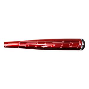 Side view of a red baseball bat with 5150 branding and a black end cap.
