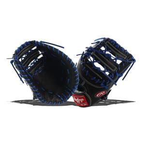 Two-thirds view of black Rawlings Pro Preferred first base mitt with blue lacing and red Rawlings logo.