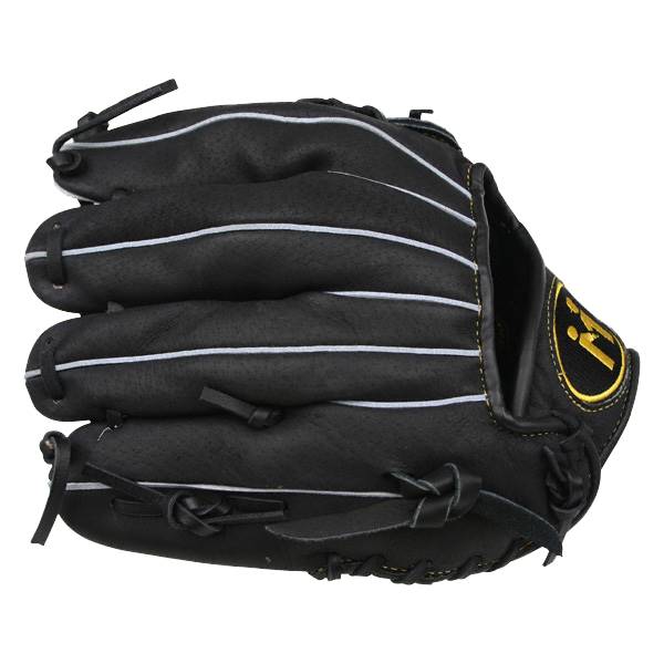 Top-down view of a black baseball glove with white stitching and a gold M logo.