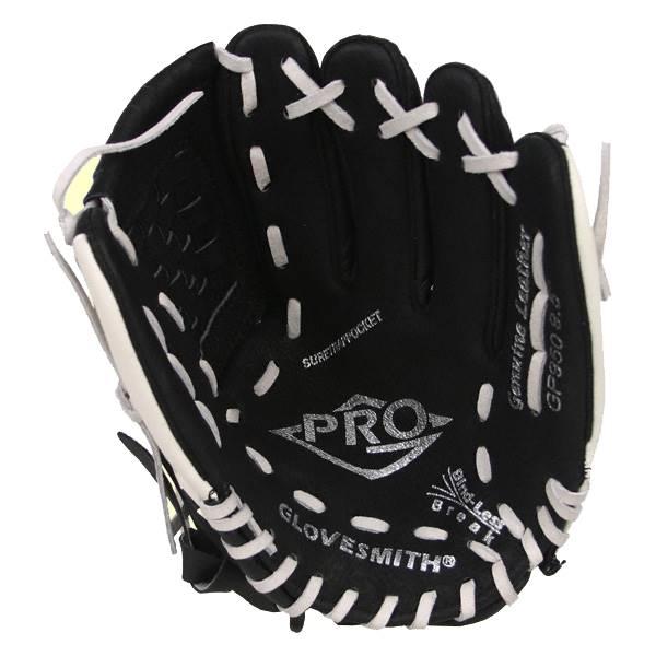 Front view of a black youth baseball glove with white lacing, PRO logo, and GLOVESMITH branding.