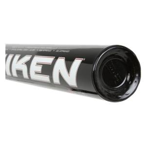 End view of a black Miken softball bat with white IKEN branding and ISA APPROVED text.
