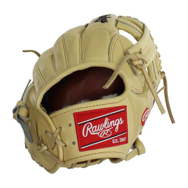 Front view of a tan baseball glove with a red Rawlings patch and tan lacing.