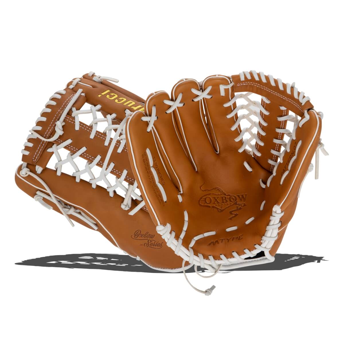 Front palm view of a tan Marucci baseball glove with white laces, featuring "OXBOW SERIES," "M TYPE," and "13.00 INCHES" stamped on the leather.
