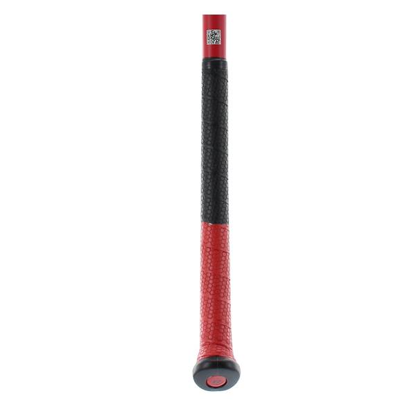 Close-up of a red and black baseball bat grip with a textured pattern and a QR code.