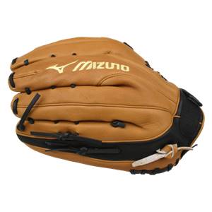 Side view of a tan baseball glove with black lacing and gold Mizuno branding.