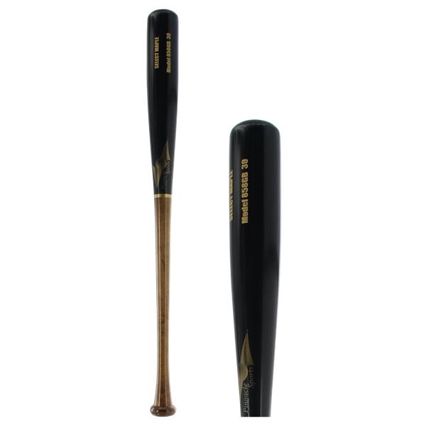 Side view of a black baseball bat with gold text SELECT MAPLE Model 858GB 30 and gold Pinnacle Sports logo.