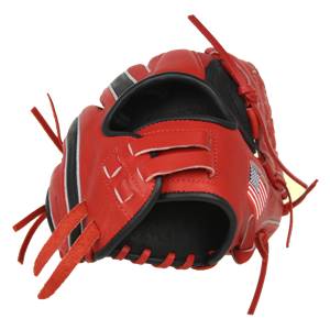 Side view of a scarlet baseball glove with black accents and an American flag patch.