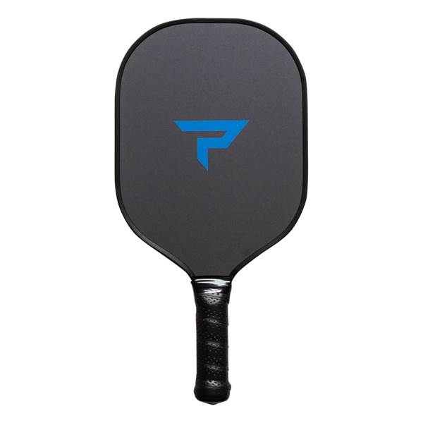 Front view of a black pickleball paddle with a blue P logo and textured grip.