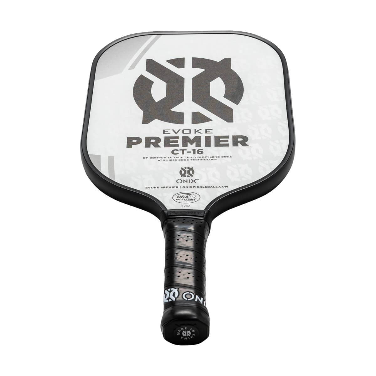 Front view of a white pickleball paddle with black trim, EVOKE PREMIER CT-16 text, and a large circular logo.