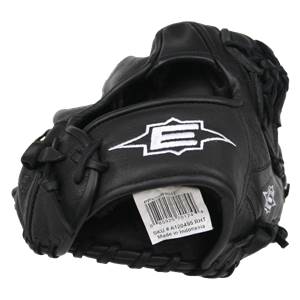 Side view of a black baseball glove with a white Easton logo and a product tag.