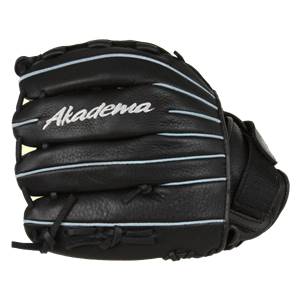 Front view of a black baseball glove with Akadema embroidered in white and light blue stitching.