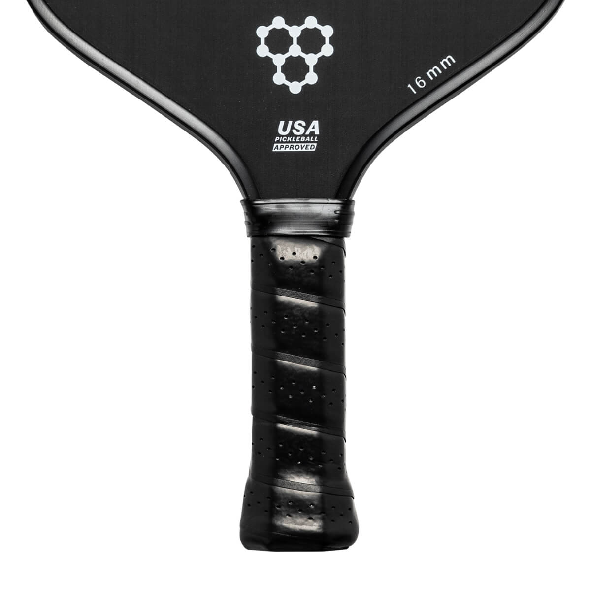 Top-down view of a black pickleball paddle with a white honeycomb logo, USA PICKLEBALL APPROVED text, and 16 mm marking.