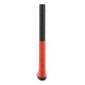 Close-up of a black and red baseball bat grip with a hexagonal pattern.