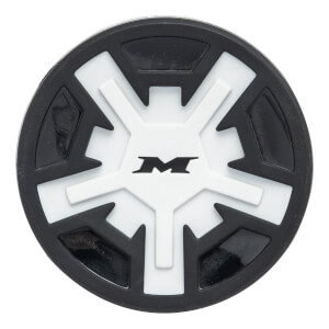 Top-down view of a black and white softball bat end cap with a central M logo and starburst design.