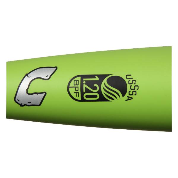 Side view of a lime green softball bat with a silver C logo and black USSSA 1.20 BPF markings.