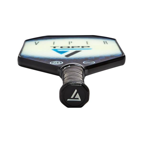 Bottom-down view of a black pickleball paddle with white and blue graphics, TOPP text, and a triangular logo on the grip.