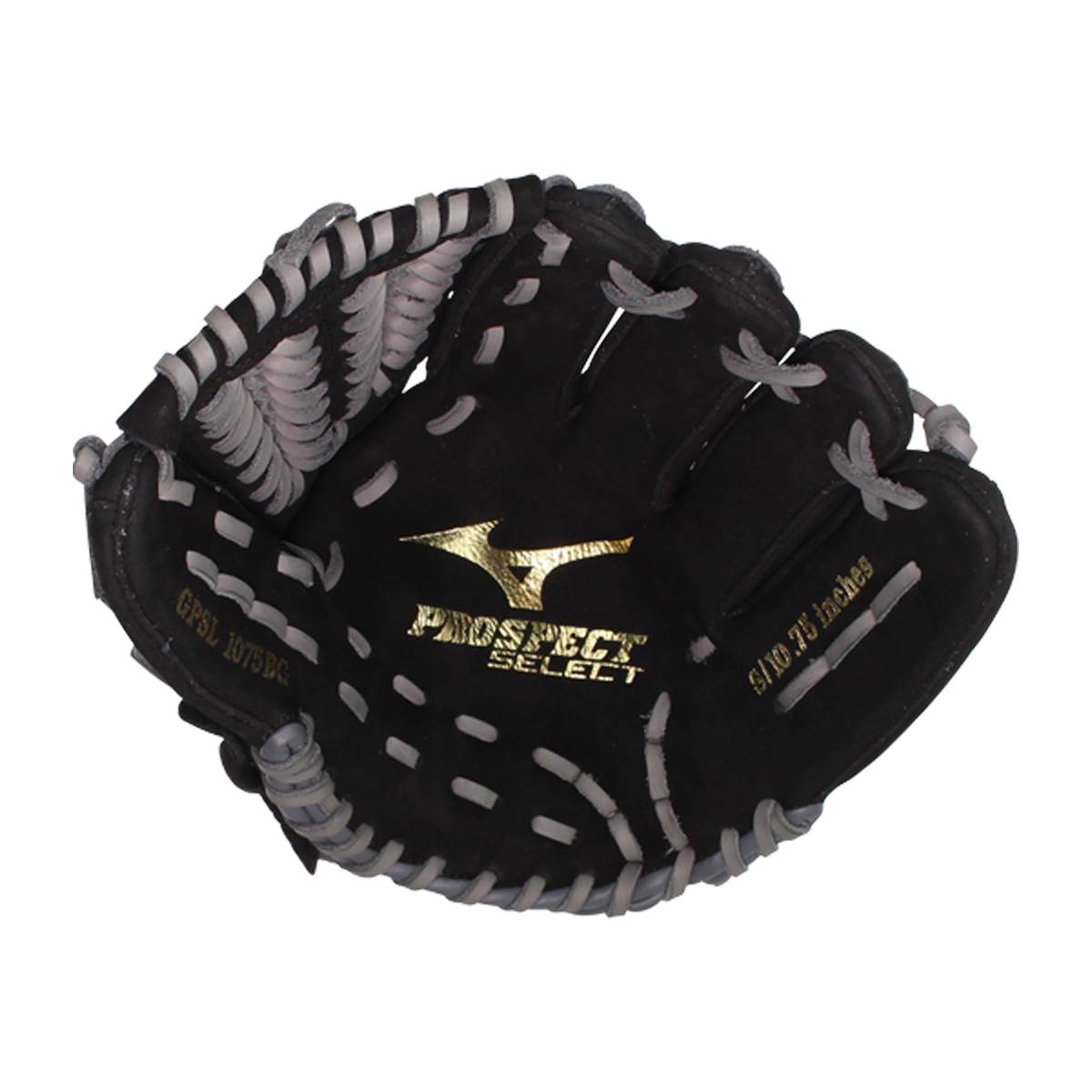 Top-down view of a black baseball glove with gold PROSPECT SELECT logo and white stitching.