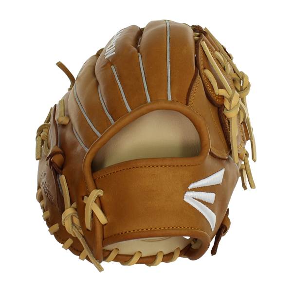 Top-down view of a tan baseball glove with white stitching and a white Easton logo.