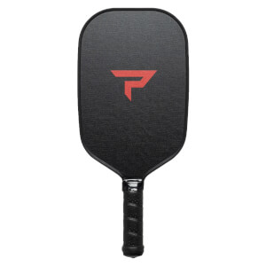 Front view of a black pickleball paddle with a red P logo and textured surface.