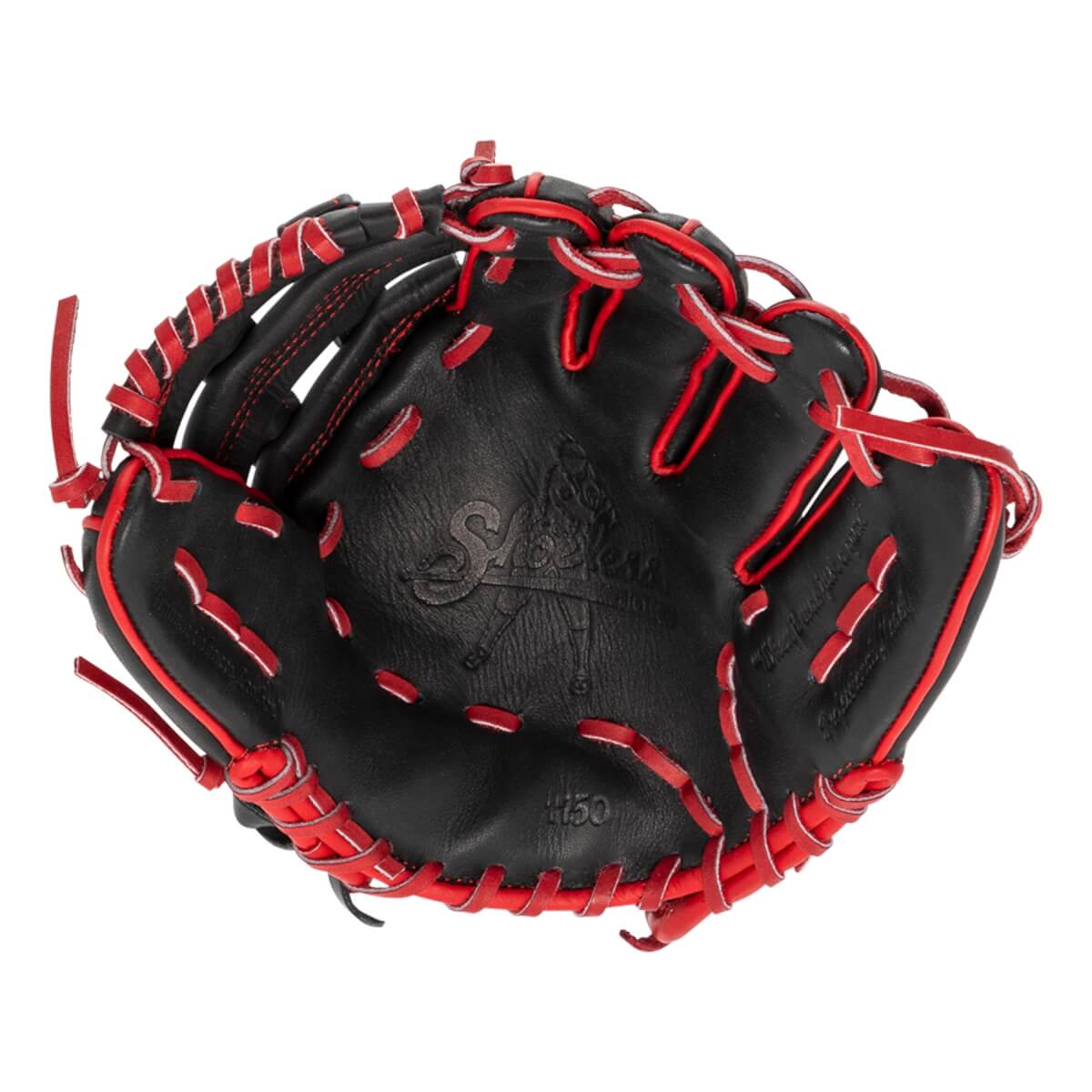 Front view of a black baseball glove with red lacing, an embossed Shoeless Joe logo, and H450 printed on the palm.