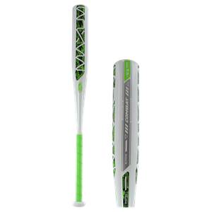 Front view of a white baseball bat with green grip and camouflage pattern.
