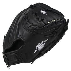 Side view of a black catchers mitt with white Easton logos and visible lacing.