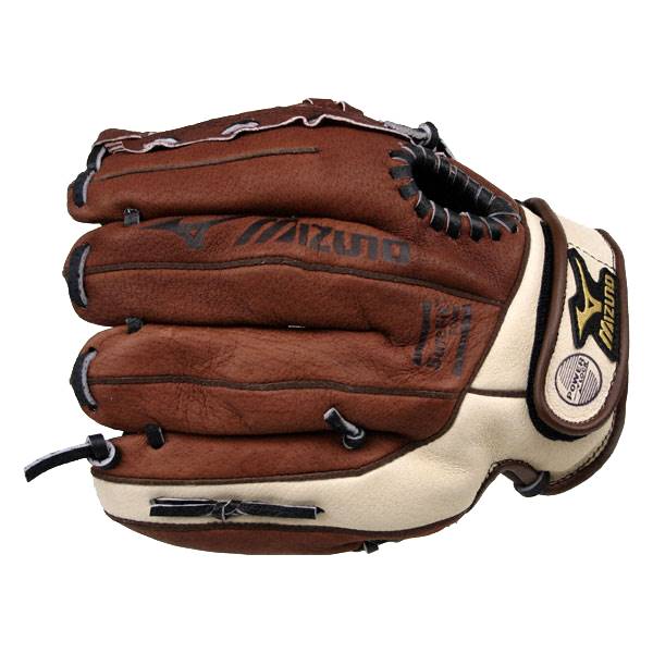 Side view of a brown and cream baseball glove with Mizuno branding and POWER CLOSURE text.