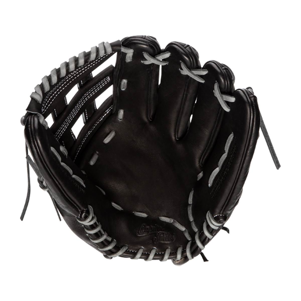 Top-down view of a black baseball glove with white stitching and Capitol Series branding.
