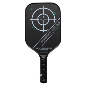 Front view of a black pickleball paddle with a target design, PURSUIT MX 6.0 MAXX text, and Engage branding.