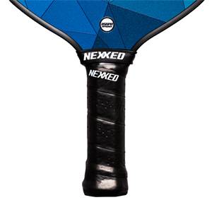 Top-down view of a blue pickleball paddle with a black grip and NEXXED branding.